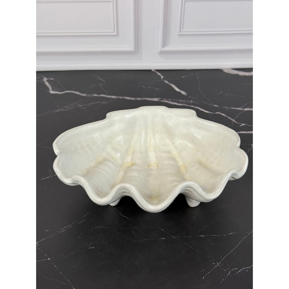 VTG Frankoma Pottery Footed Pedestal Shell Clam Shaped Bowl Dish 7" X 5.5"